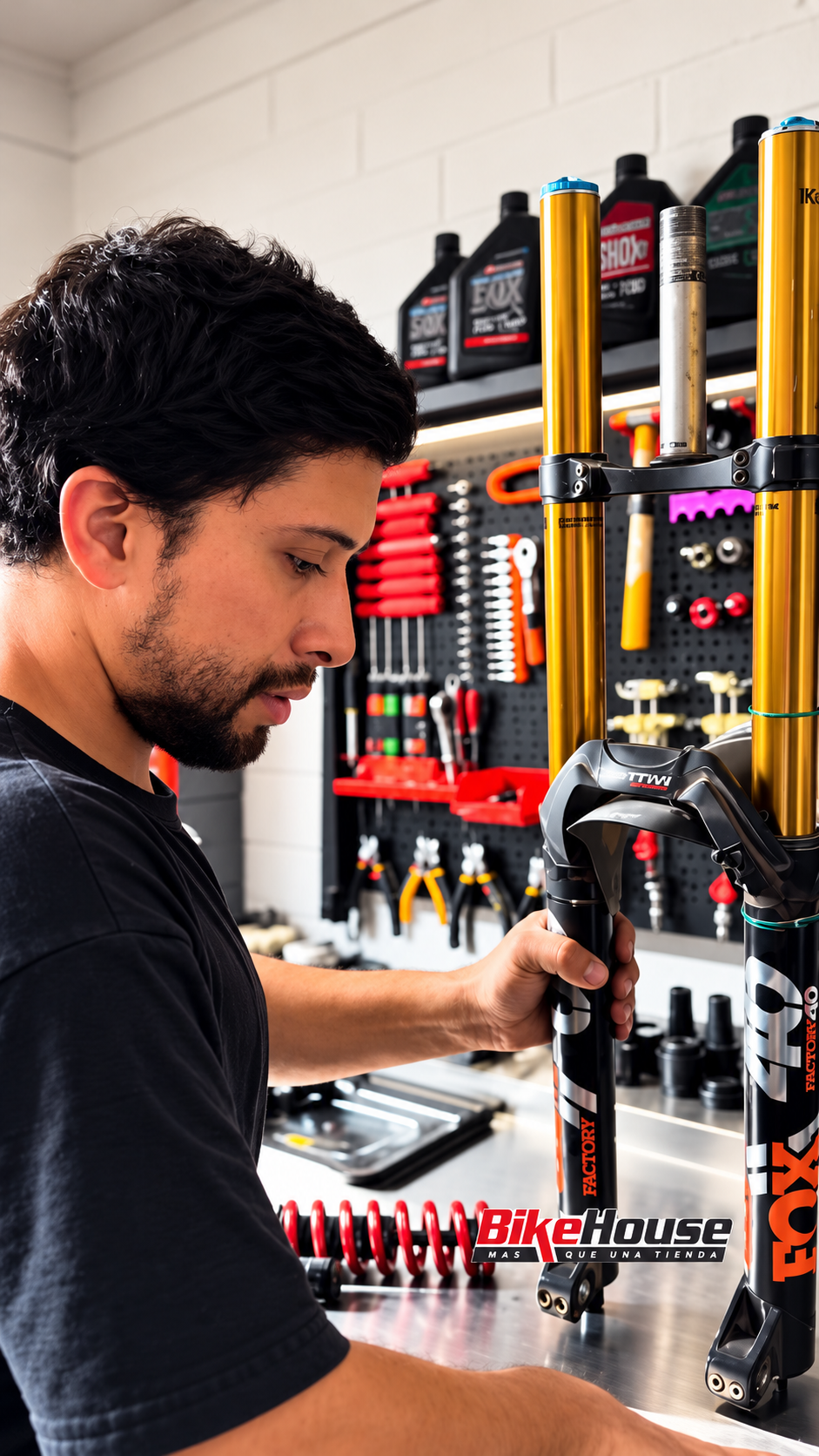 Felipe, mecánico de BikeHouse, en servicio de suspensión Fox en el taller de Copiapó
